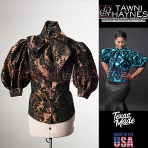 Taffeta Damask Bow Blouse Brown & Black